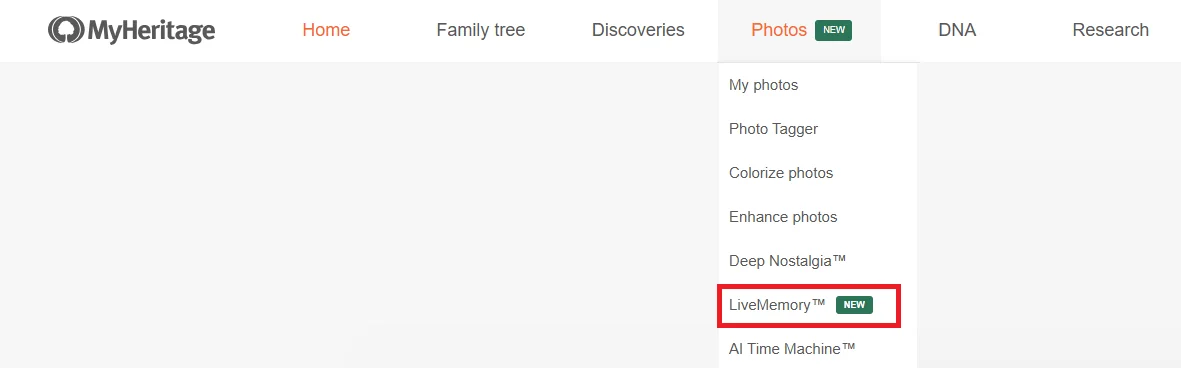 Пункт LiveMemory в меню фотографий на сайте MyHeritage
